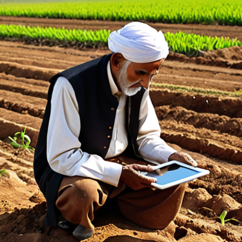 **Prompt 1 (Foundation & Wisdom):**
    An experienced, wise Pakistani farmer, possibly elderly, gently feeling the soil in a lush field, symbolizing deep traditional agricultural understanding. In the background, subtly integrated, a modern agricultural drone hovers or a tablet displays soil data, representing the blend of age-old wisdom with contemporary technology. The scene should evoke a sense of heritage and continuity, with warm, earthy tones and soft sunlight.