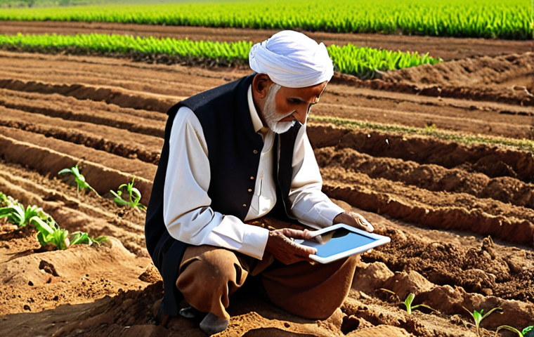 **Prompt 1 (Foundation & Wisdom):**
    An experienced, wise Pakistani farmer, possibly elderly, gently feeling the soil in a lush field, symbolizing deep traditional agricultural understanding. In the background, subtly integrated, a modern agricultural drone hovers or a tablet displays soil data, representing the blend of age-old wisdom with contemporary technology. The scene should evoke a sense of heritage and continuity, with warm, earthy tones and soft sunlight.