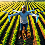 **Prompt:** A wide-angle shot of a modern South Asian farmer, looking confident and in control, standing in a vast, lush green field at sunrise. Overhead, a sleek agricultural drone hovers, scanning the crops. In the foreground, subtle IoT sensors are visible integrated into the soil, with a faint, transparent overlay of digital data analytics (charts, graphs) floating near the horizon, symbolizing data-driven farming. The scene should convey technological advancement, efficiency, and abundance in agriculture. Emphasize bright, natural lighting, high detail, and a harmonious blend of technology with nature.