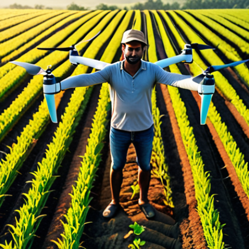 **Prompt:** A wide-angle shot of a modern South Asian farmer, looking confident and in control, standing in a vast, lush green field at sunrise. Overhead, a sleek agricultural drone hovers, scanning the crops. In the foreground, subtle IoT sensors are visible integrated into the soil, with a faint, transparent overlay of digital data analytics (charts, graphs) floating near the horizon, symbolizing data-driven farming. The scene should convey technological advancement, efficiency, and abundance in agriculture. Emphasize bright, natural lighting, high detail, and a harmonious blend of technology with nature.