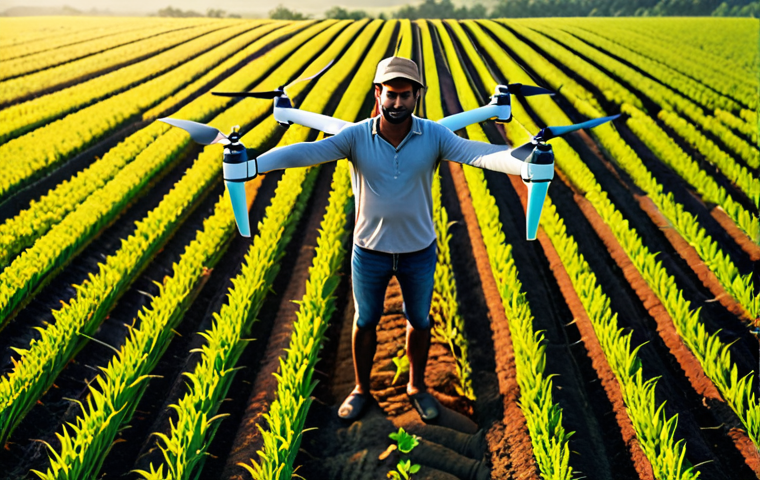 **Prompt:** A wide-angle shot of a modern South Asian farmer, looking confident and in control, standing in a vast, lush green field at sunrise. Overhead, a sleek agricultural drone hovers, scanning the crops. In the foreground, subtle IoT sensors are visible integrated into the soil, with a faint, transparent overlay of digital data analytics (charts, graphs) floating near the horizon, symbolizing data-driven farming. The scene should convey technological advancement, efficiency, and abundance in agriculture. Emphasize bright, natural lighting, high detail, and a harmonious blend of technology with nature.