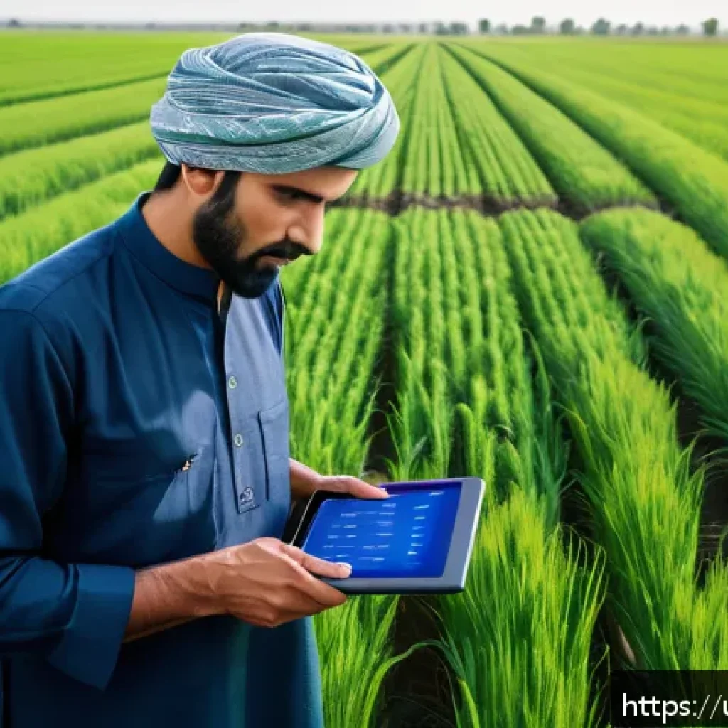 농업기술 관련 대학교 전공 소개 - A vibrant, detailed scene of a Pakistani farmer using smart farming technology in a lush green wheat...