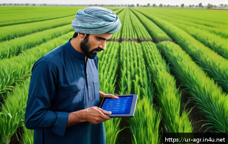 농업기술 관련 대학교 전공 소개 - A vibrant, detailed scene of a Pakistani farmer using smart farming technology in a lush green wheat...