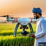 농업기술 직무 커리어 개발 방법 - A vibrant modern farm scene in rural Pakistan during golden hour, showcasing a young male farmer wea...
