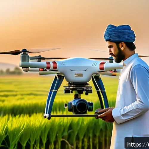 농업기술 직무 커리어 개발 방법 - A vibrant modern farm scene in rural Pakistan during golden hour, showcasing a young male farmer wea...