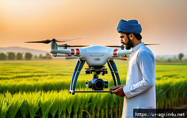 농업기술 직무 커리어 개발 방법 - A vibrant modern farm scene in rural Pakistan during golden hour, showcasing a young male farmer wea...